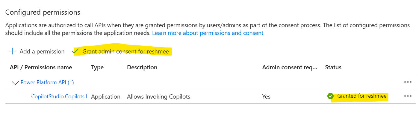 Granting admin consent to Power Platform API permissions