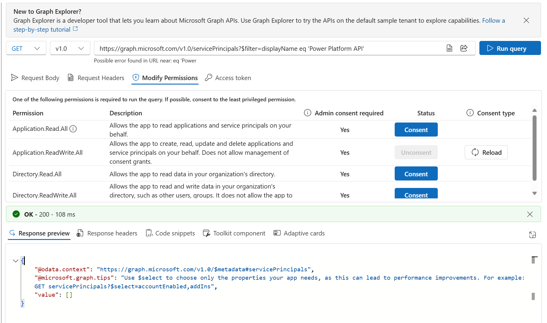 Checking Power Platform API availability in Graph Explorer