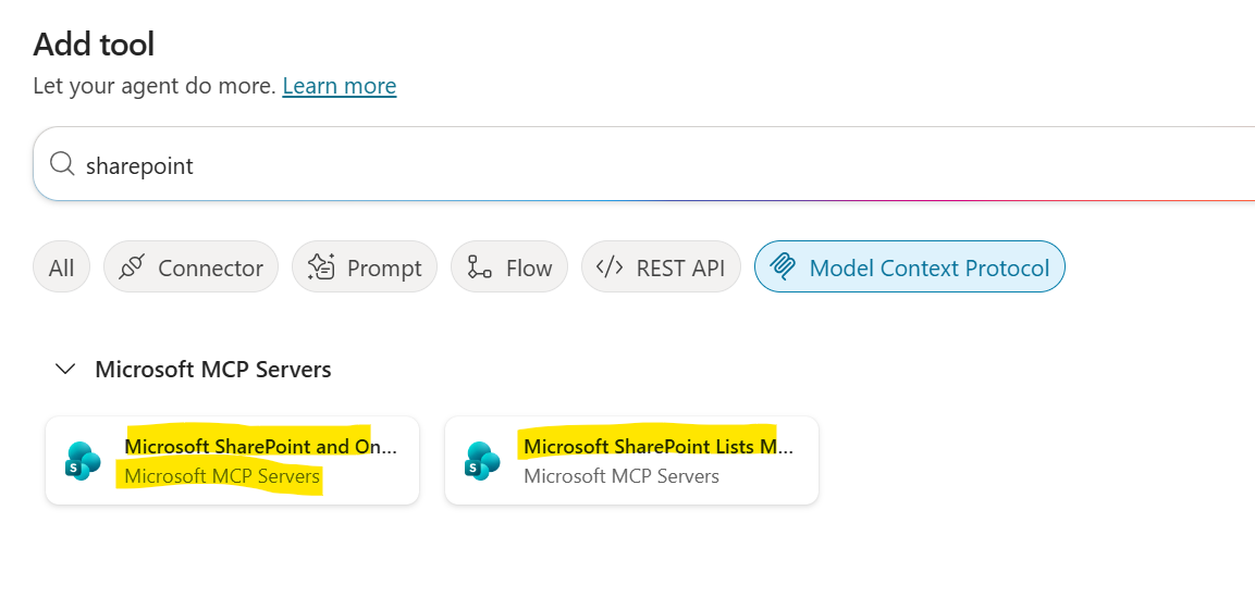 SharePoint MCP tools available
