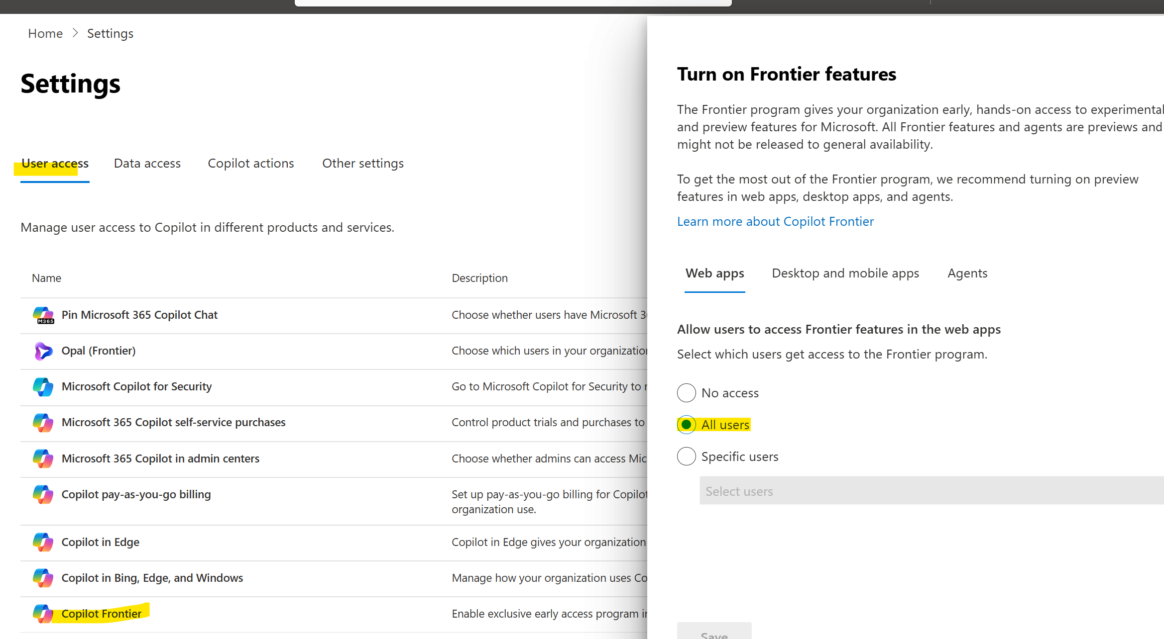 Copilot Frontier settings path