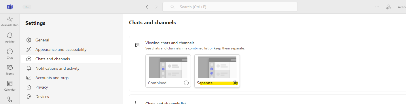 Chats and channels separate