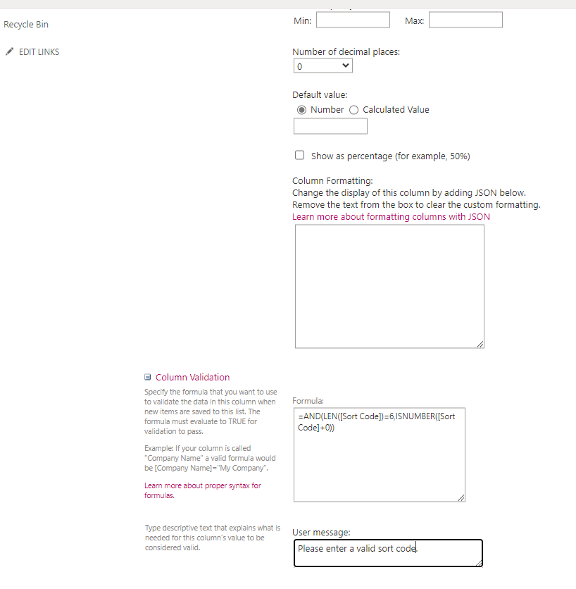 Column Validation for Sort Code