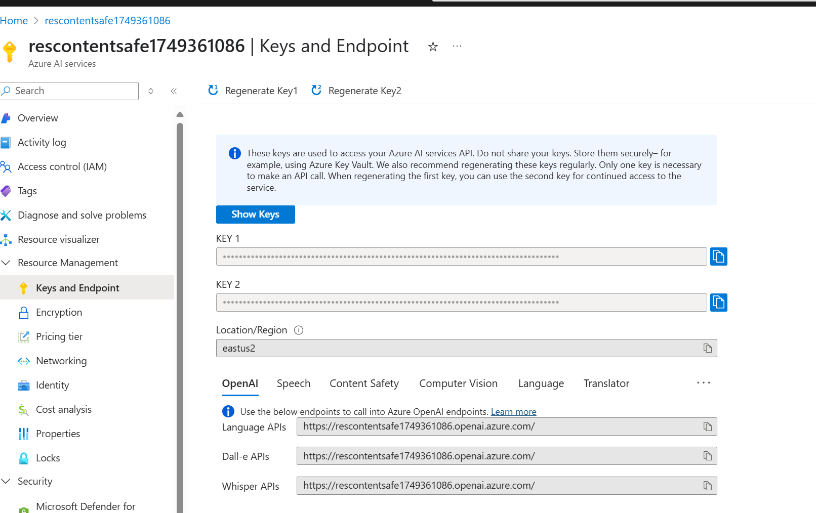 Azure OpenAPI Keys Endpoint