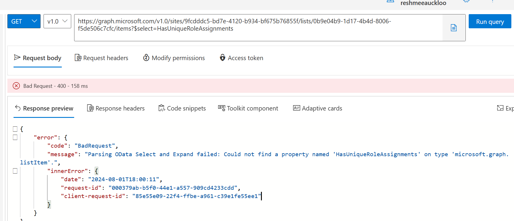 Graph does not have property HasUniqueRoleAssignments