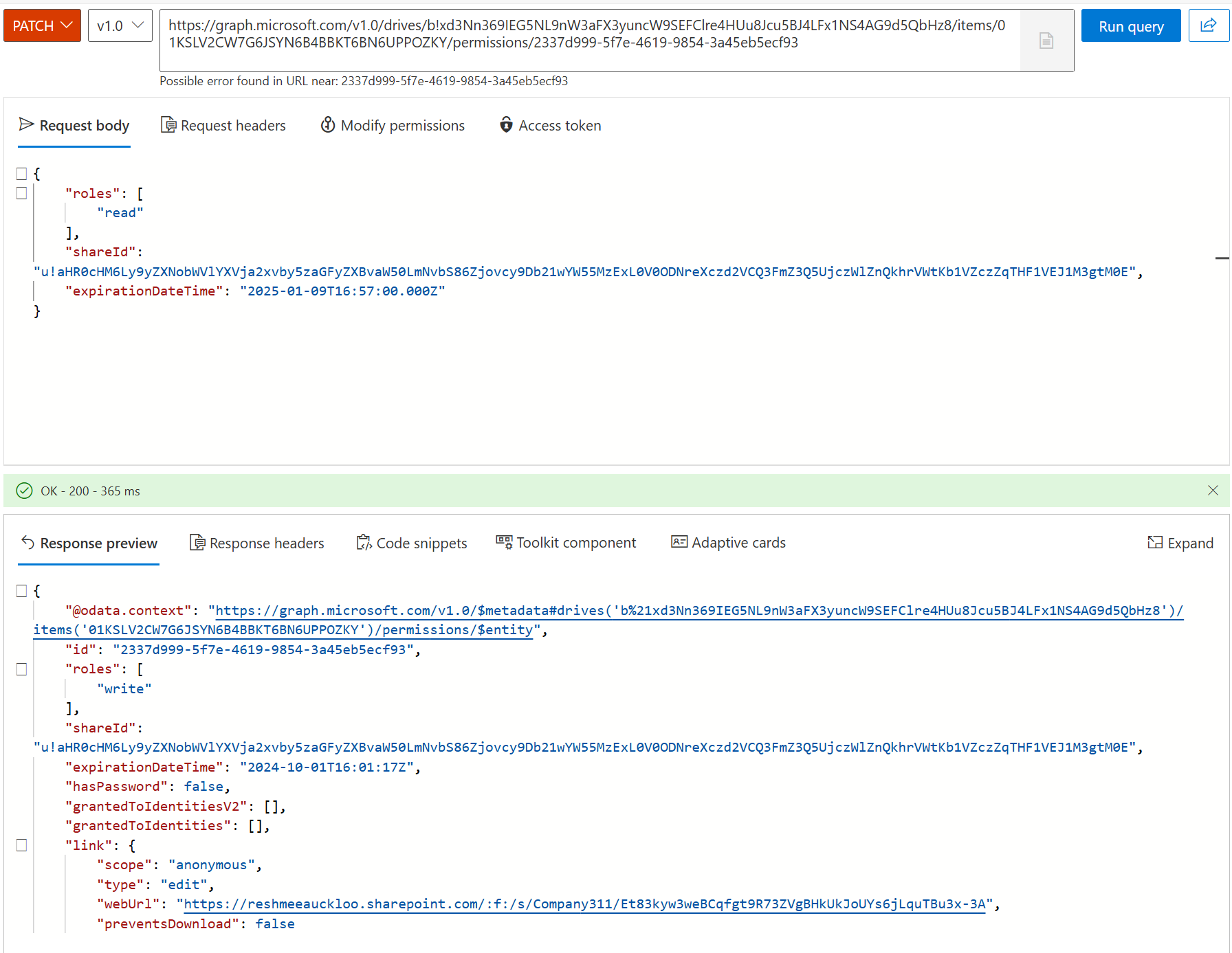 Graph API failed to Update expirationdatetime despite_200