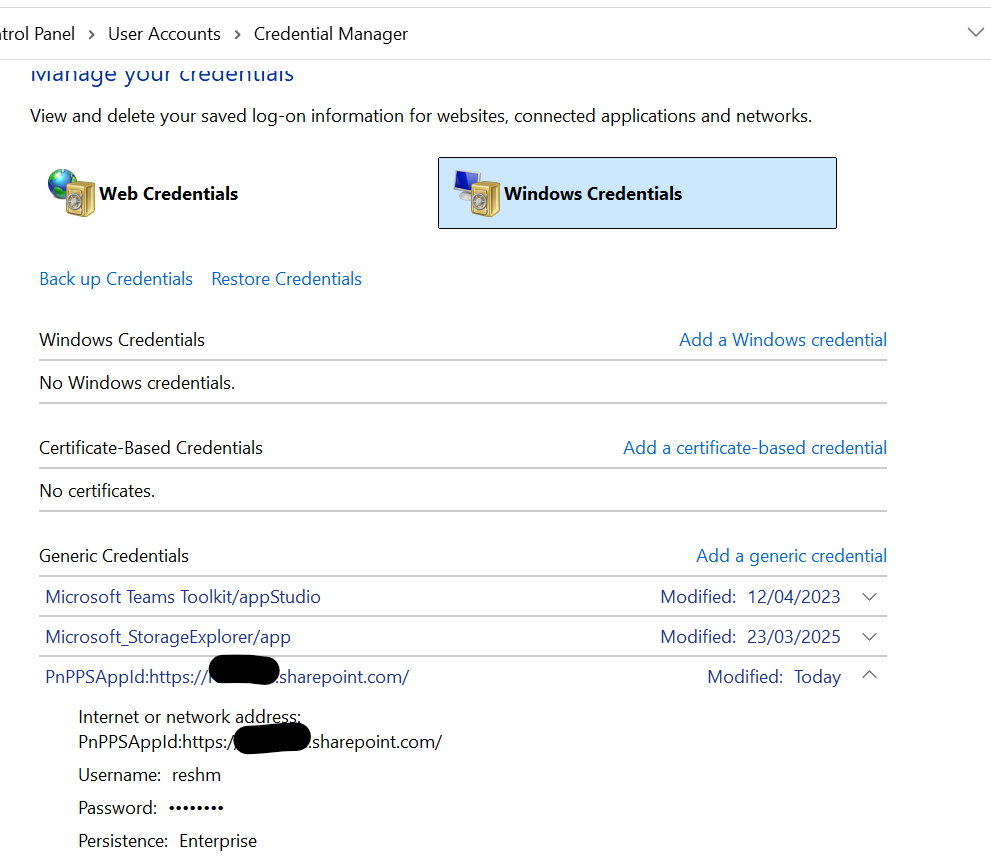 Credentials Added to Windows